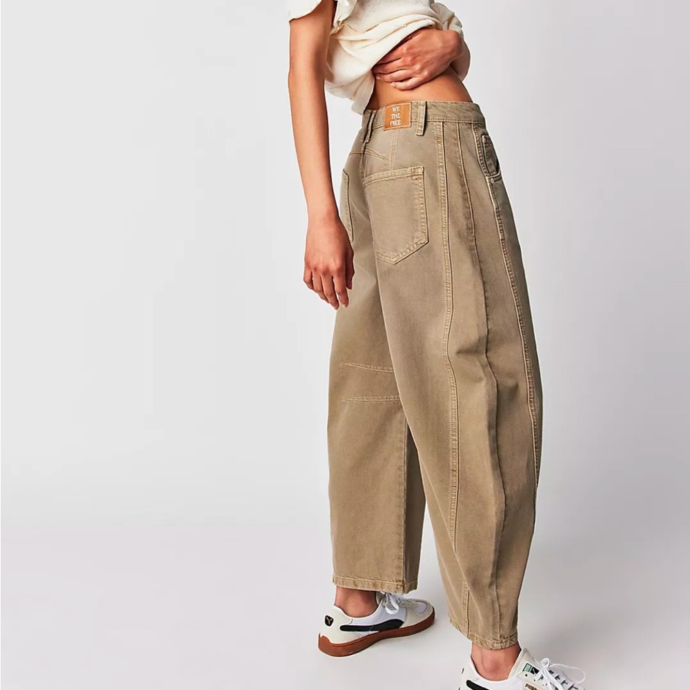 EUC We The Free Good Luck Mid-Rise Barrel Leg Jeans in “Taupe”
